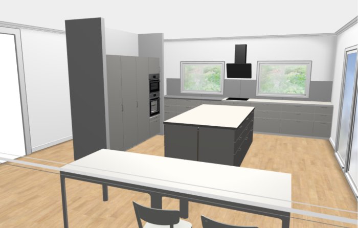 3D-modell av ett kök med grå skåp, inbyggda vitvaror, köksö och matbord.