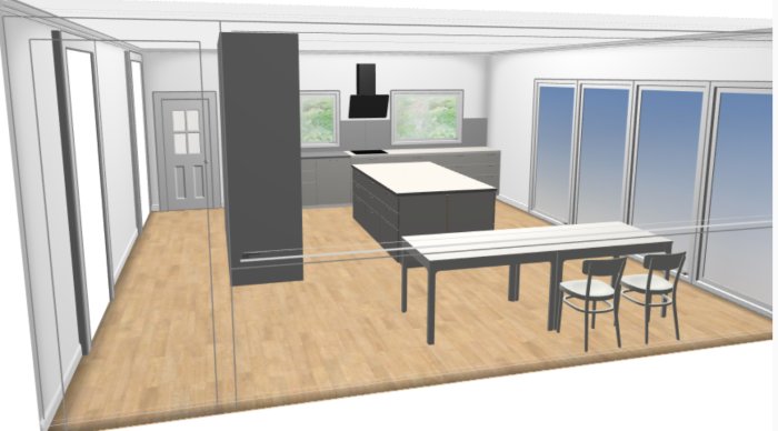 3D-rendering av ett kök med öppen planlösning, inklusive köksö, matbord och inbyggda skåp.