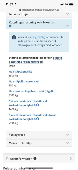 Skärmdump av fordonsuppgifter med information om släpvagnsvikt och kopplingsanordning från Transportstyrelsens webbplats.