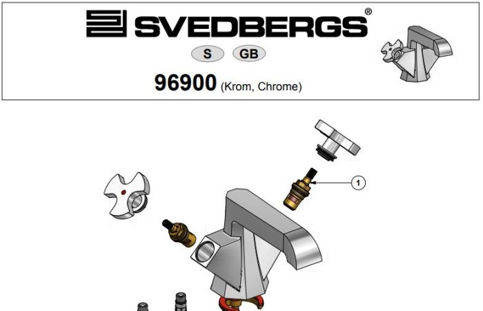 Sprängskiss av Svedbergs blandare modell 96900 visar vredet och dess delar för demontering och rengöring.