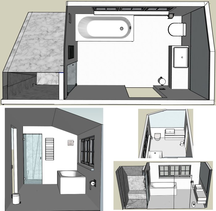 3D-ritningar av ett badrum med olika layouter med badkar, toalett och snedtak.