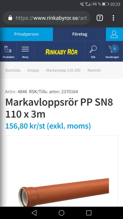 Skärmbild från Rinkaby Rörs hemsida som visar markavloppsrör PP SN8 110x3m för 156,80 kr exklusive moms.