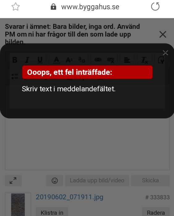 Felmeddelande "Ooops, ett fel inträffade" visas vid bilduppladdning på webbforum.