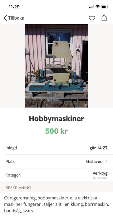 INCA-märkt hobbybandsåg och andra verktyg som borr och svarv ute till försäljning.