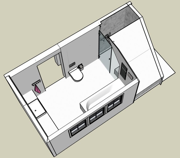 3D-skiss av badrum med större glasvägg för duschen och omplacerad fixtur.