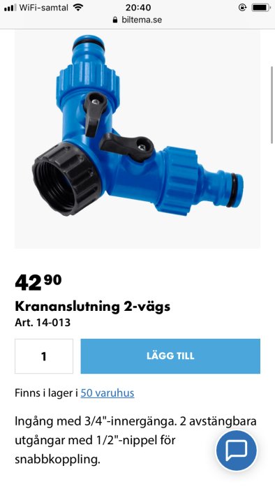 Blå tvåvägskranslutning för vatten med 3/4-tums gänga och två uttag för 1/2-tums snabbkoppling.