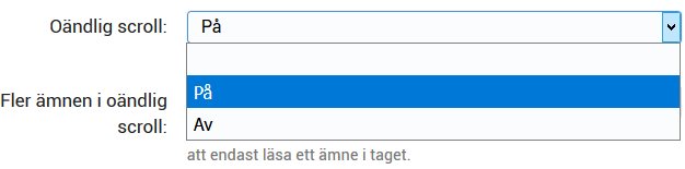 Skärmdump av foruminställningar med alternativ för Oändlig scroll inställt på "På".