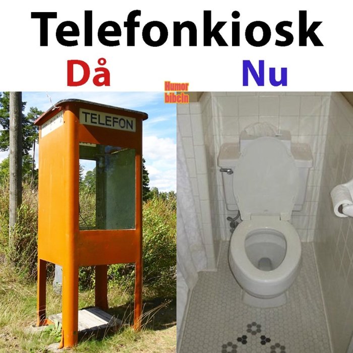 Jämförelse mellan en gammal telefonkiosk och en modern toalett, med texten "Telefonkiosk Då - Nu".