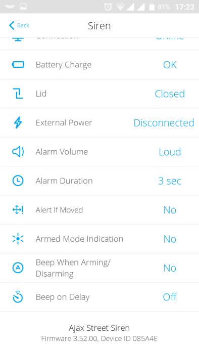 Skärmdump av Ajax-larmsirens inställningsmeny med statusindikatorer och alternativ.