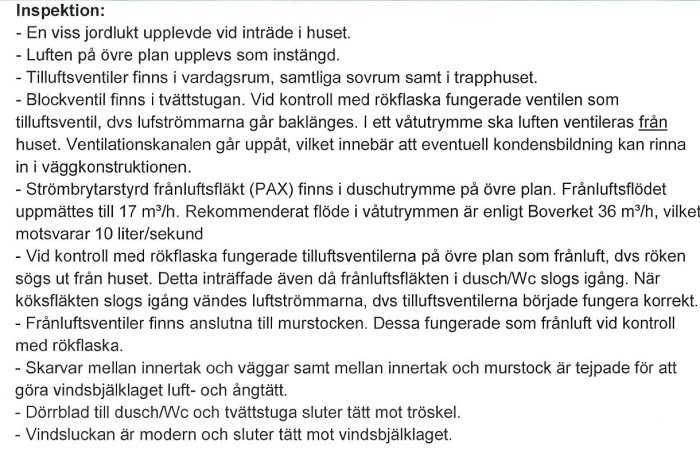 Bild på en inspektionsrapport med text som beskriver luftflöden, ventilation och åtgärder för att förhindra fukt i en bostad.