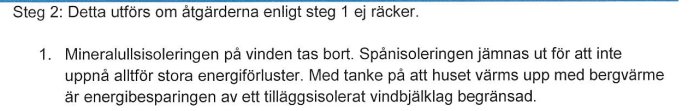 Textdokument med anvisningar för energibesparande åtgärder i vindsbjälklag, inklusive isoleringstips.