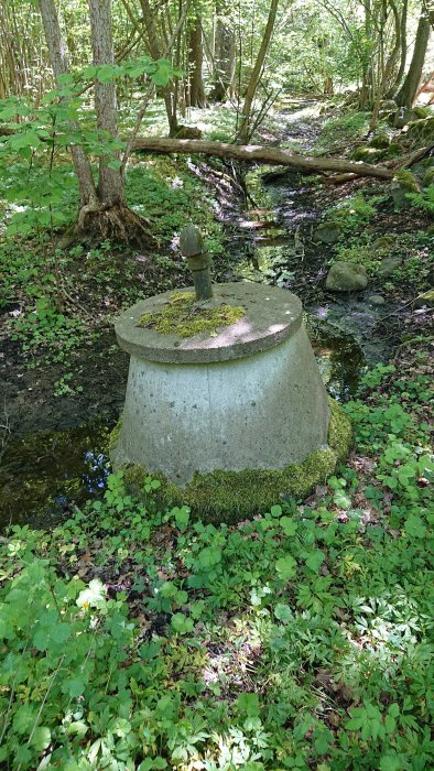 Gammal brunn av cementringar med kona och lock med luftningsrör i skog intill dike.