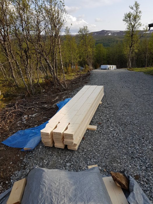 Stapel med sågade träbalkar för byggprojekt med skog och berg i bakgrunden.