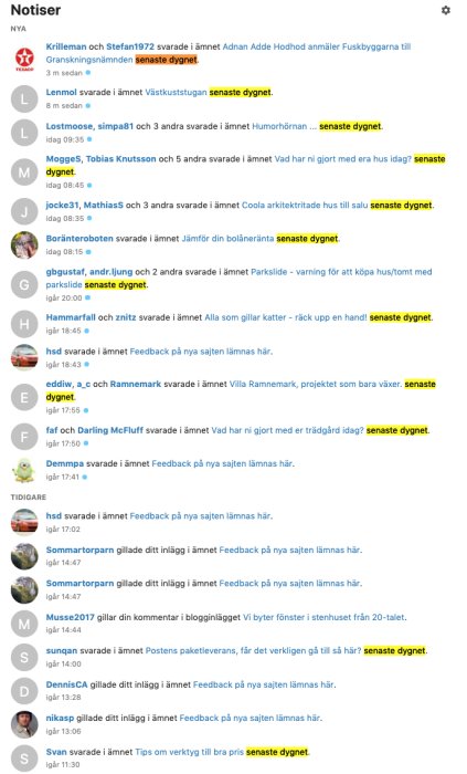 Skärmdump av ett diskussionsforums notiser med markeringar i gult för att visa notiser från senaste dygnet.