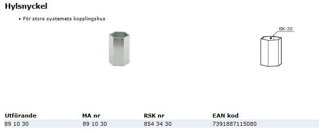 Två ritningar av en hylsnyckel för Mora - Stora systemets kopplingshus, med artikelnummer och EAN-kod listade.
