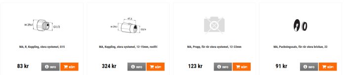 Fyra komponenter för rörsystem: kopplingar, propp, packningssats, med priser och "köp" knappar.