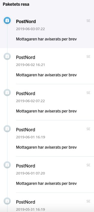 Skärmdump visar spårningshistorik där mottagaren upprepat aviserats per brev av PostNord.