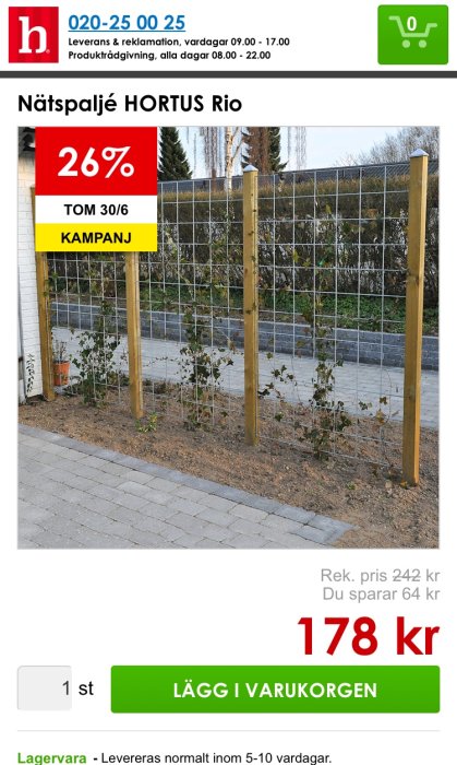 Nätspaljé av trä med unga klematisplantor, erbjudandeetikett och prissättning.