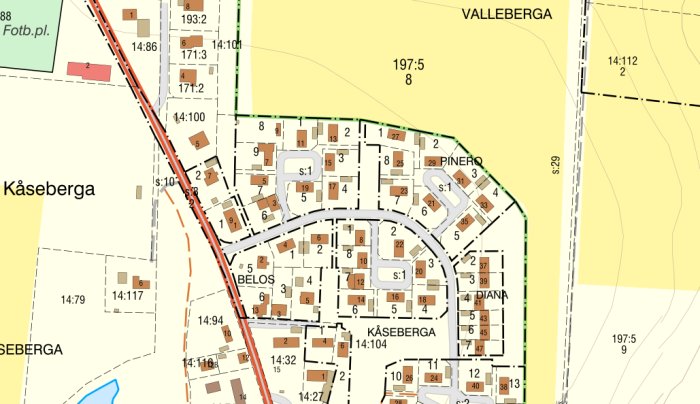 Karta över fastighetsindelningen i området Käseberga med markering av PINERO 3 och andel i PINERO S:1.