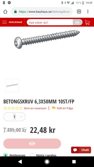 Bild på en betongskruv med priset nedsatt från 7495 kr till 22,48 kr, beteckning 6,3x50mm, 10st/fp.