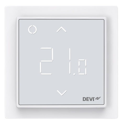 Devireg smart termostat med en digital display som visar temperaturen 21.0 grader celsius.