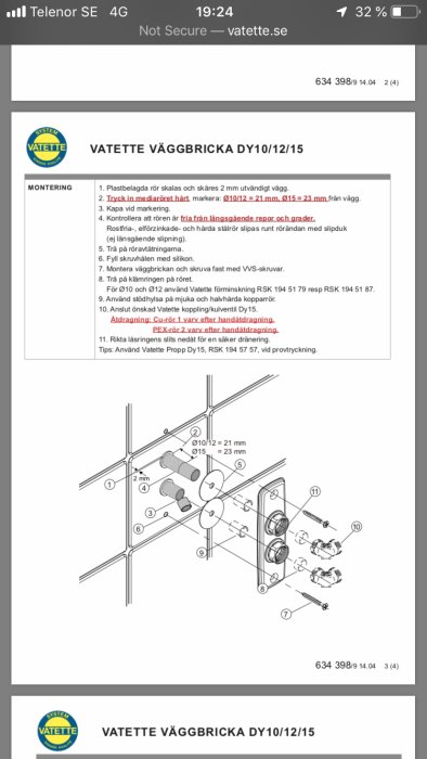 Exploded view-diagram för installation av Vatette väggbricka DY10/12/15 med textinstruktioner.