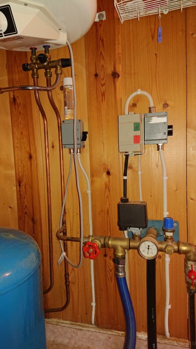 Vattenpumpsystem med mätare, rör och ventiler i ett pumpskåp.