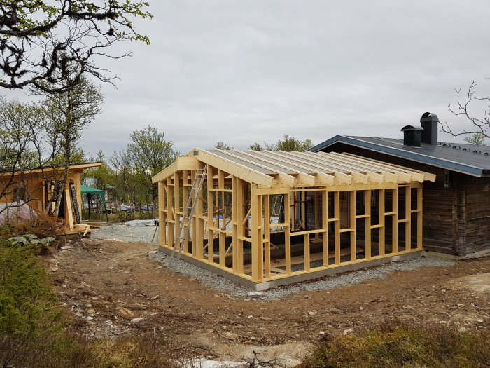 Trästomme till påbyggnad med spikad masonit och reglar för luftspalt vid ett befintligt hus omgiven av natur.