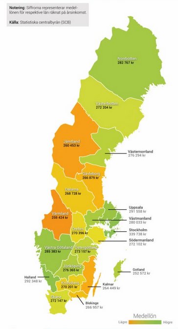 Karta över Sverige i olika nyanser av grönt och gult som visar medelinkomsten per län enligt SCB.