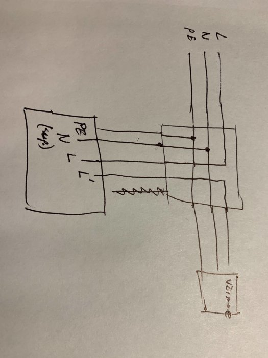 Handritat schema av en elektrisk koppling med dimmer och infravärmare.
