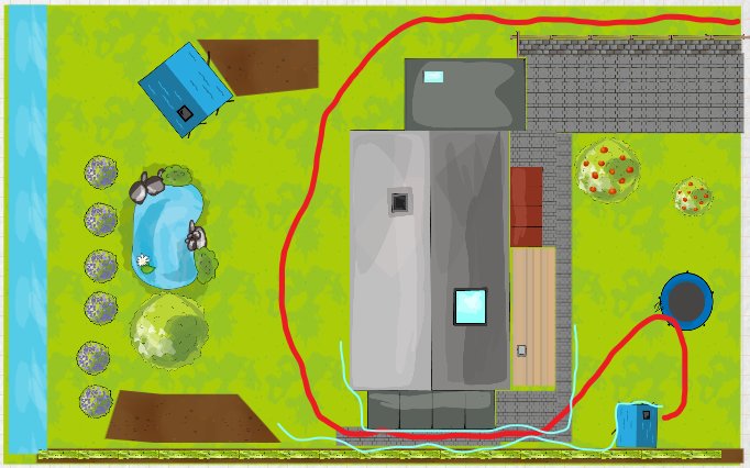 Grov planritning av trädgård som visar en föreslagen rutt för en robotgräsklippare, markerad med rött, runt en gräsmatta.