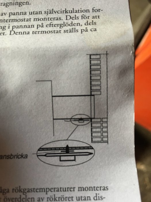 Skiss av rökgastermostat montering på rör för att optimera värmesystem.