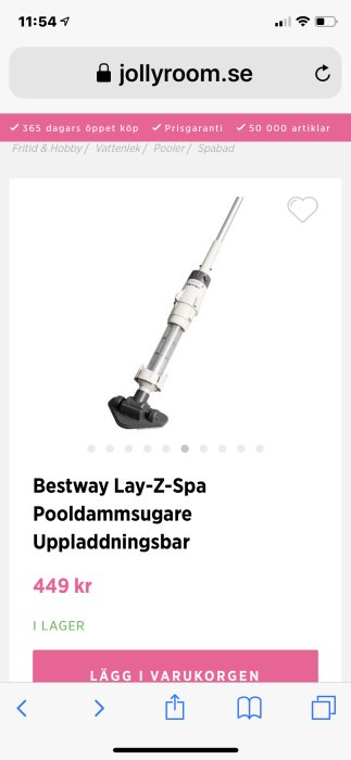 Pool dammsugare Bestway Lay-Z-Spa, uppladdningsbar, med munstycke, visas på webbsida med pris.