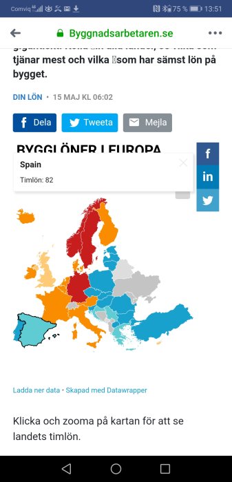 Färgkodad karta över Europa som visar timlöner för byggnadsarbetare i olika länder.