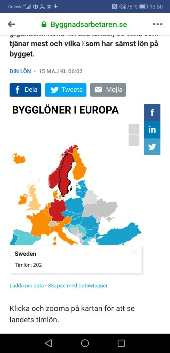 Kartbild av Europa som visar bygglöner per land i olika färger, med Sverige markerat och timlön noterad.