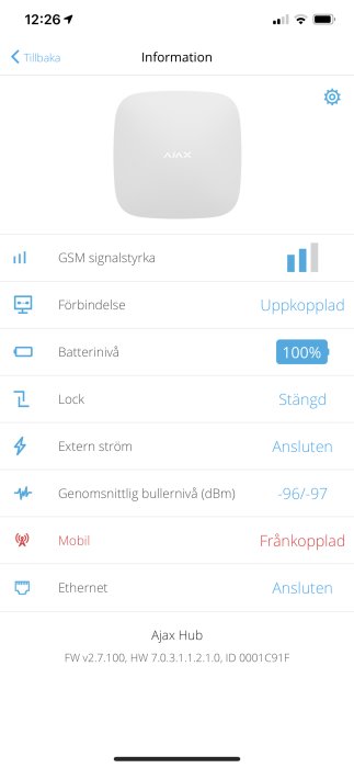 Skärmdump av inställningar för en Ajax Hub som visar GSM-signalstyrka och andra uppkopplingsstatusar.