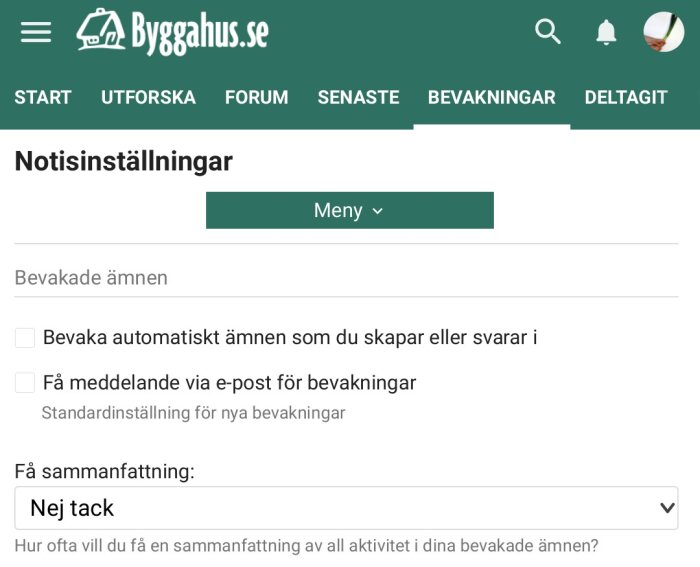 Skärmdump av notisinställningar på Byggahus.se med avmarkerade alternativ för trådbevakning.