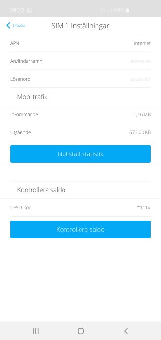 Skärmdump av mobilinställningar för SIM-kort med APN, användarnamn, lösenord och dataanvändning.