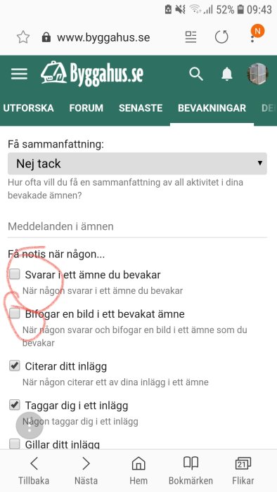 Skärmdump av Bygghus.se notifikationsinställningar med felaktigt ikryssade alternativ.