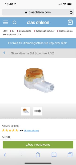 Skarvklämma 3M Scotchlok UY2 på webbsida med pris och kundomdömen.