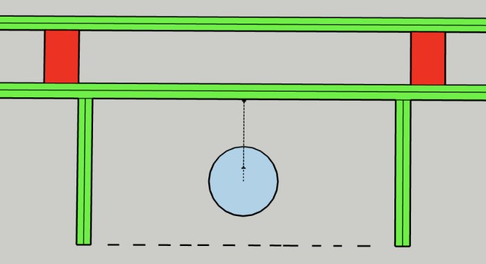 Schematisk ritning av väggkonstruktion med röda reglar, gröna plattor och ett blått avloppsrör.