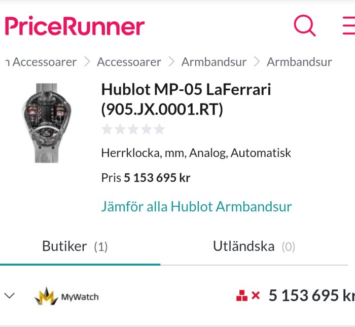 Hublot MP-05 LaFerrari herrklocka visas på en webbshopssida med prisuppgift 5 153 695 kr.