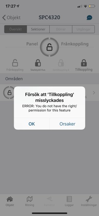 Skärmdump från SPC Connect app som visar felmeddelande "Försök att 'Tillkoppling' misslyckades: ERROR: You do not have the right/permission for this feature".