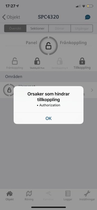 Skärm av SPC Connect-app visar felmeddelande "Orsaker som hindrar tillkoppling - Authorization".