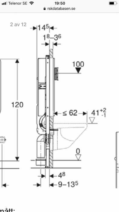 Teknisk ritning av en vägghängd toalett med inbyggd cistern och måttangivelser.