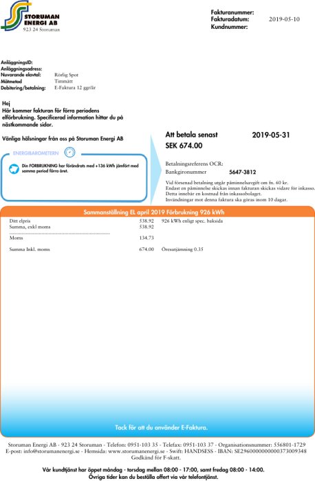 Elräkning från Storuman Energi som visar en förbrukning på 926 kWh för april 2019 med en kostnad av 674 SEK.