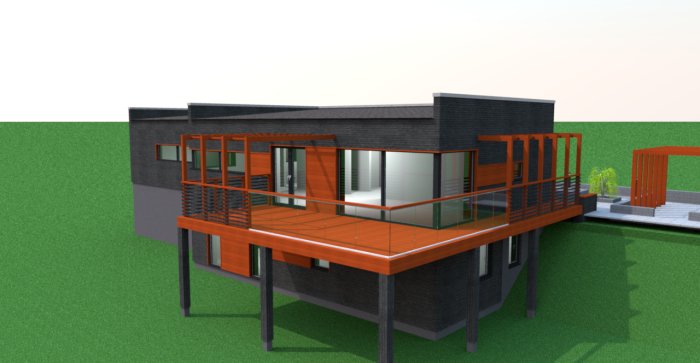 3D-rendering av ett modernt hus med klar balkong och pergola, monterad inåt från kanten.