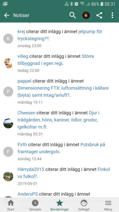 Skärmdump av notislista på ett webbforum som visar citatnotiser från användare.
