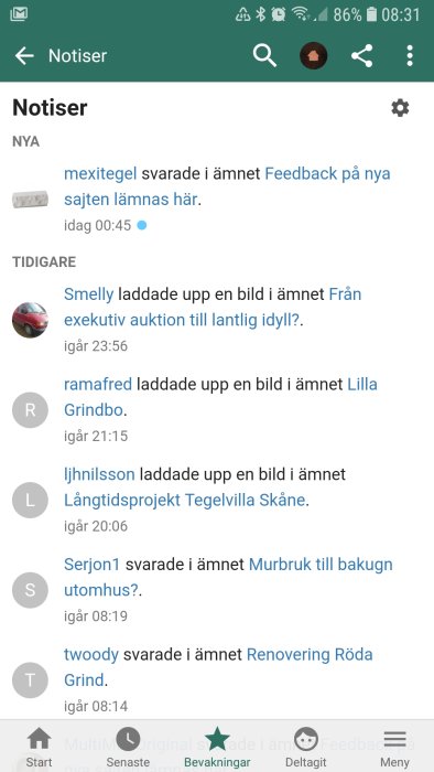 Skärmdump av notislista på en diskussionsforumsapp som visar olika användaraktiviteter såsom uppladdade bilder och svar.