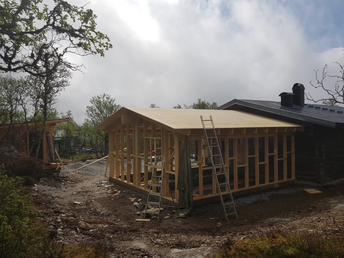 Nybyggd trästomme för hus med omonterad takpapp under en delvis solig himmel.